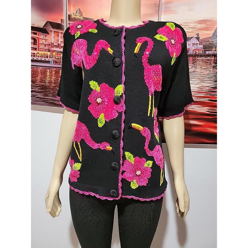 Lisa International Women's M Flamingos Beaded Sequined Black Pink Sweater Top #W